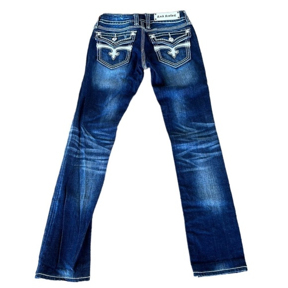 Rock Revival Madison Straight Leg Jean Distressed Denim Sz 27 Flap Pocket Sequin - Picture 3 of 16